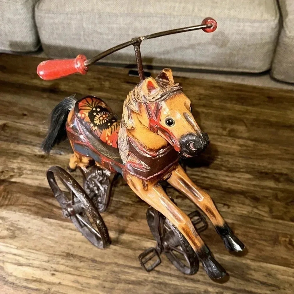 Antique/Vintage Wooden Horse Tricycle Decorative Accent Beautiful Iron Wheels - Picture 1 of 17